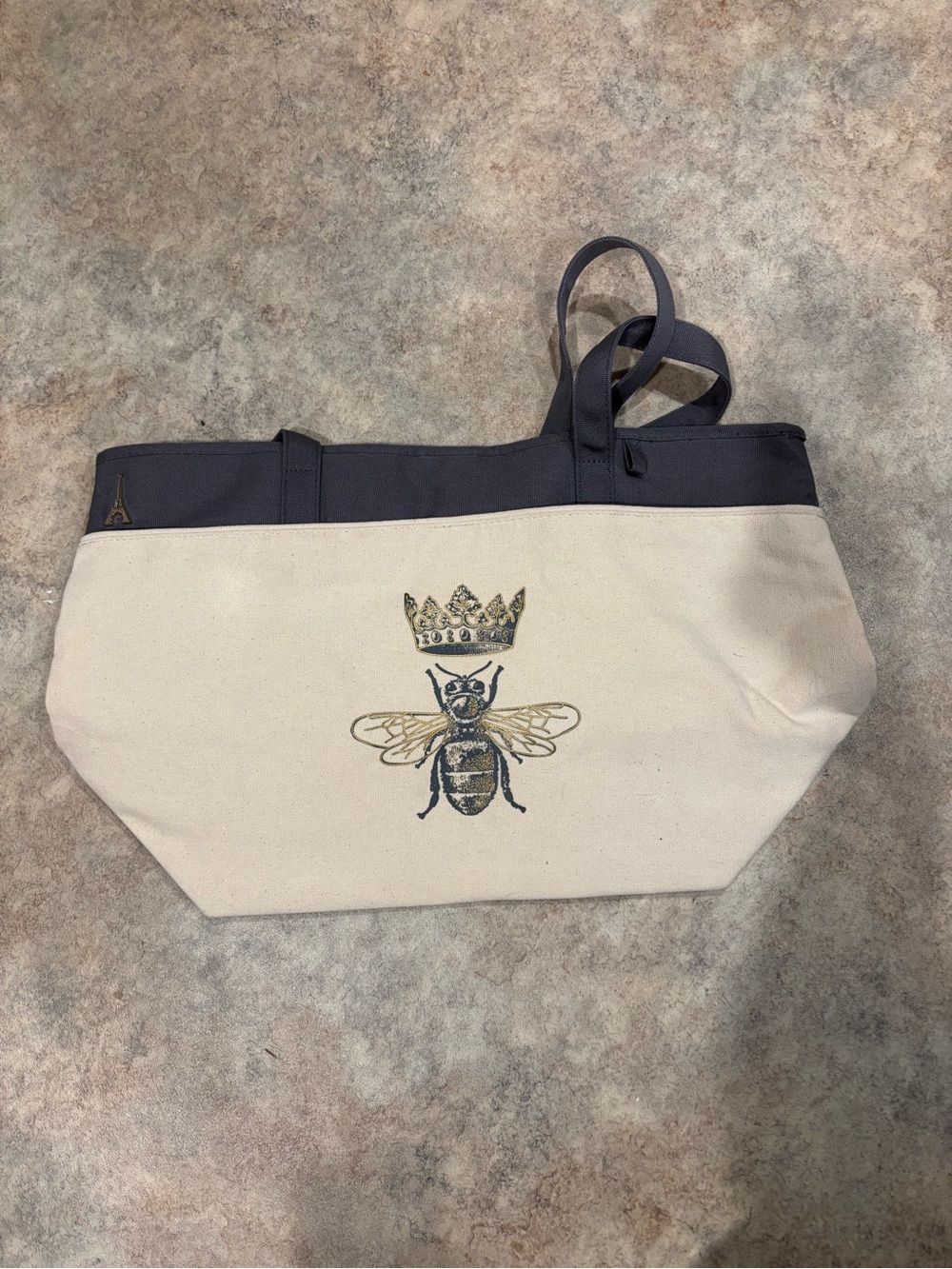 Canvas Tote Bag with Bee & Crown Motif - Navy and Natural